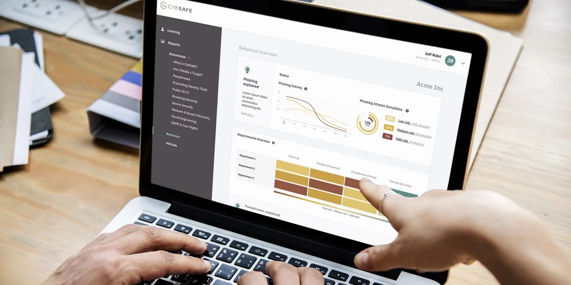Laptop zeigt Cybsafe-Dashboard mit Phishing-Risikoanalysen, Diagrammen und Nutzerstatistiken.