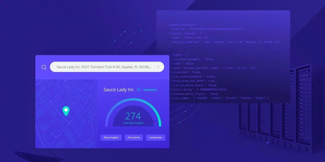 Data dashboard featuring company search, location map, and dataset insights – set against a purple background.