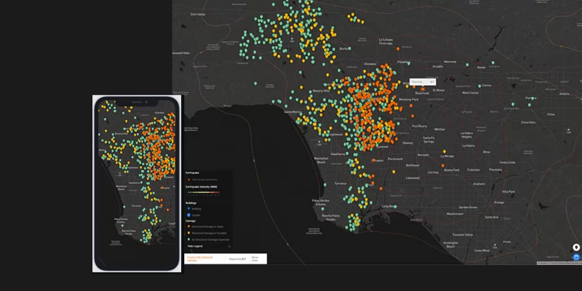  Earthquake risk map of Los Angeles with orange, yellow, and green markers – also displayed on a smartphone screen.