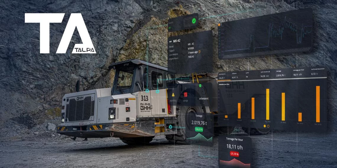 Bergbau-Fahrzeug mit eingeblendeten Telemetriedaten und Analysen, Logo „TA TALPA“ links oben.